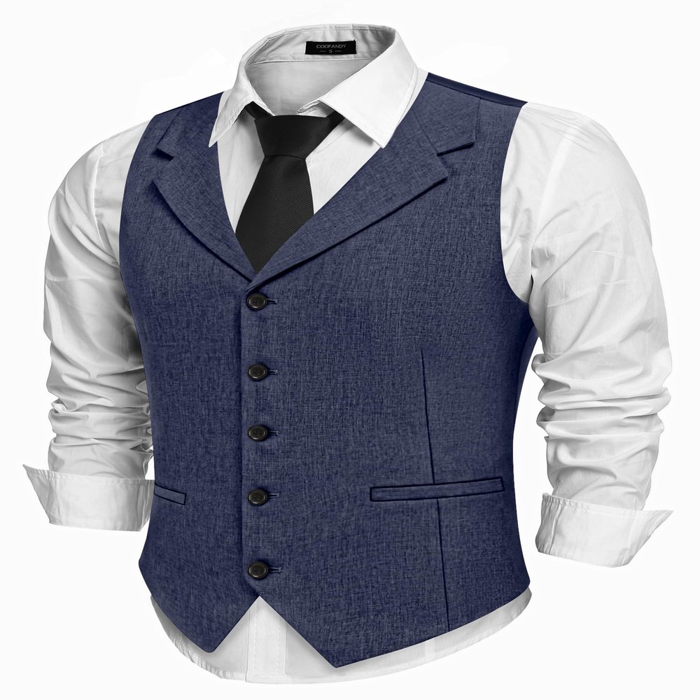 COOFANDY Blue Vests Men Wedding Suit Vest Notch Lapel Casual Waistcoat, Navy Blue, S