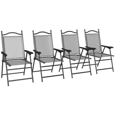 Outsunny Folding Patio Chairs, Set of 4 Sports Chairs for Adults, Camping Chairs with Armrests, Breathable Mesh Fabric Seat for Lawn, Gray