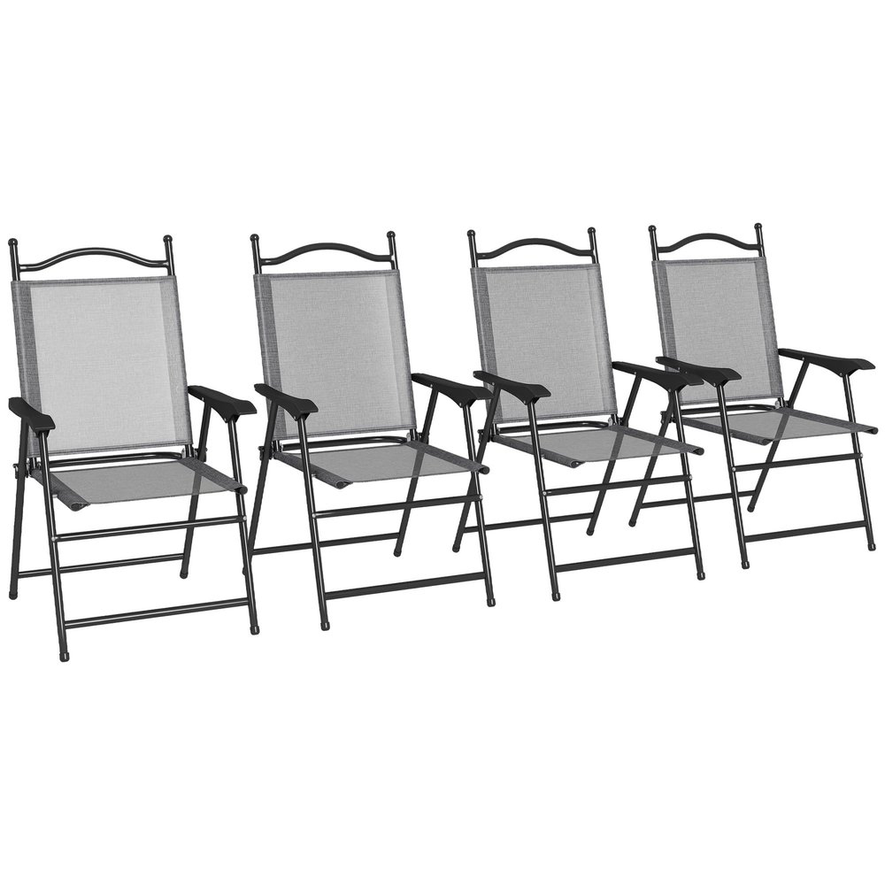 Outsunny Folding Patio Chairs, Set of 4 Sports Chairs for Adults, Camping Chairs with Armrests, Breathable Mesh Fabric Seat for Lawn, Gray