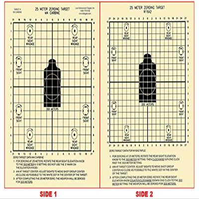 100 Pk, M4/M16 25-Meter Two-Sided Zeroing Target Side 1 25 Meter M4 Carbine Zeroing Target and Side 2 25 Meter M16A2 Zeroing Target Heavy Tagboard Paper Black Size: 8 5" X 11"