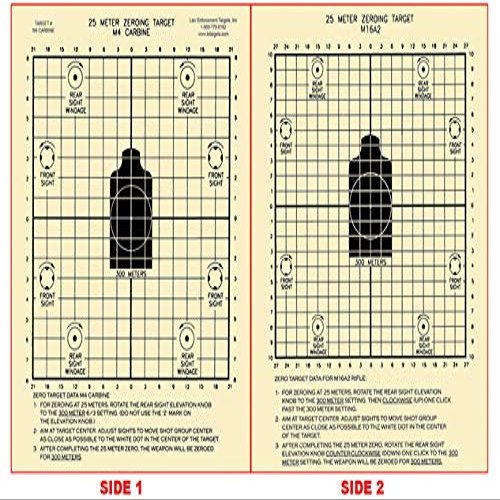 100 Pk, M4/M16 25-Meter Two-Sided Zeroing Target Side 1 25 Meter M4 Carbine Zeroing Target and Side 2 25 Meter M16A2 Zeroing Target Heavy Tagboard Paper Black Size: 8 5" X 11"