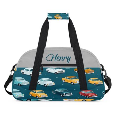 Customized Kids-Duffel-Bag Small-Gym-Bag with Name Blue Cars Overnight Weekend Travel Luggage Tote Bag