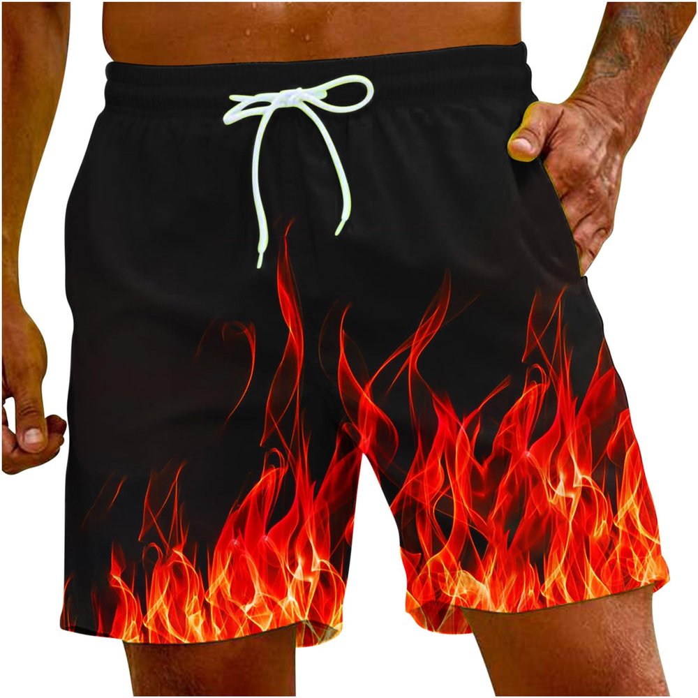 Muscularfit Swimsuit for Men 2024 Trendy Drawstring Quick Dry Swim Trunks with Pockets Casual Flame Print Beach Bathing Suits Mens Swim Suit 2024 Black M