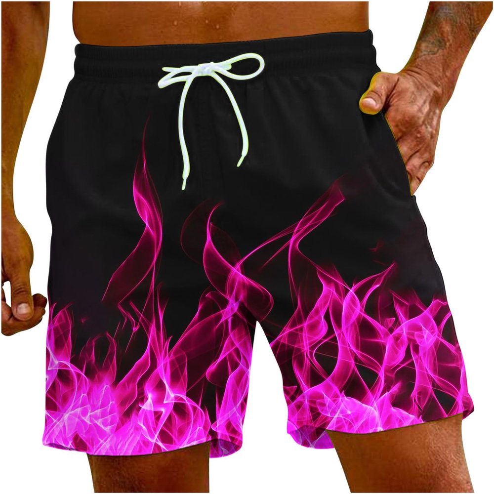 Muscularfit Swimsuit for Men 2024 Trendy Drawstring Quick Dry Swim Trunks with Pockets Casual Flame Print Beach Bathing Suits