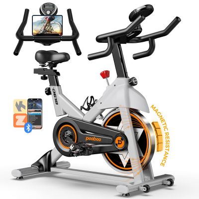 POOBOO Exercise Bike, Stationary Bike for Home Gym w/Built-in Bluetooth, Magnetic Resistance Indoor Cycling Bike w/Comfortable Seat Cushion & Tablet Mount, Silent Belt Drive Indoor Bike for Cardio