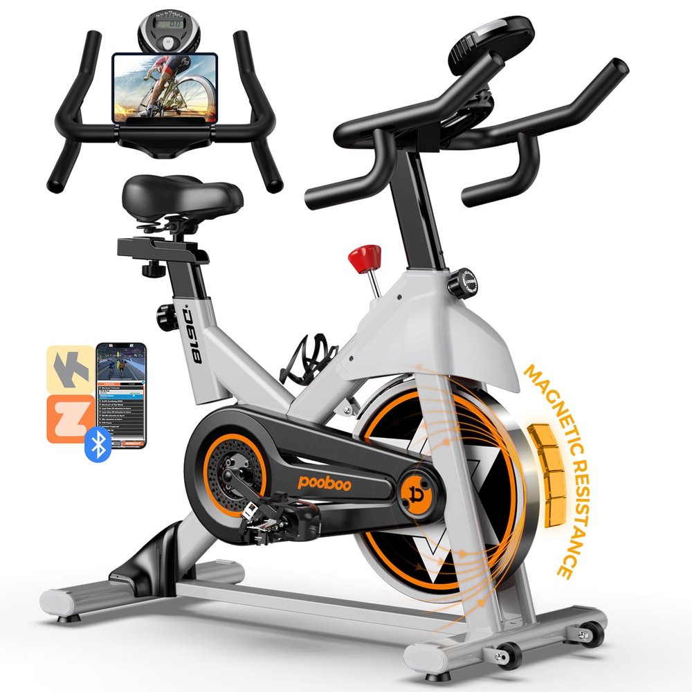 POOBOO Exercise Bike, Stationary Bike for Home Gym w/Built-in Bluetooth, Magnetic Resistance Indoor Cycling Bike w/Comfortable Seat Cushion & Tablet Mount, Silent Belt Drive Indoor Bike for Cardio