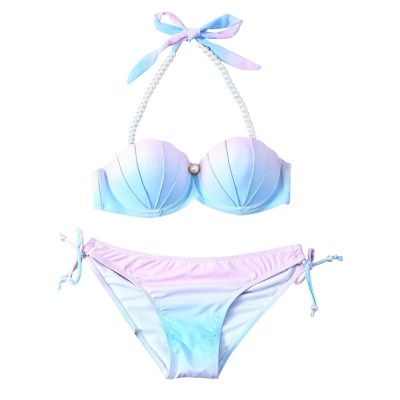 Fall Mermaid Bikini Swimsuit Women Push Up Light Support Mermaid Seashell Bra w Shorts Two Piece Bathing Suits