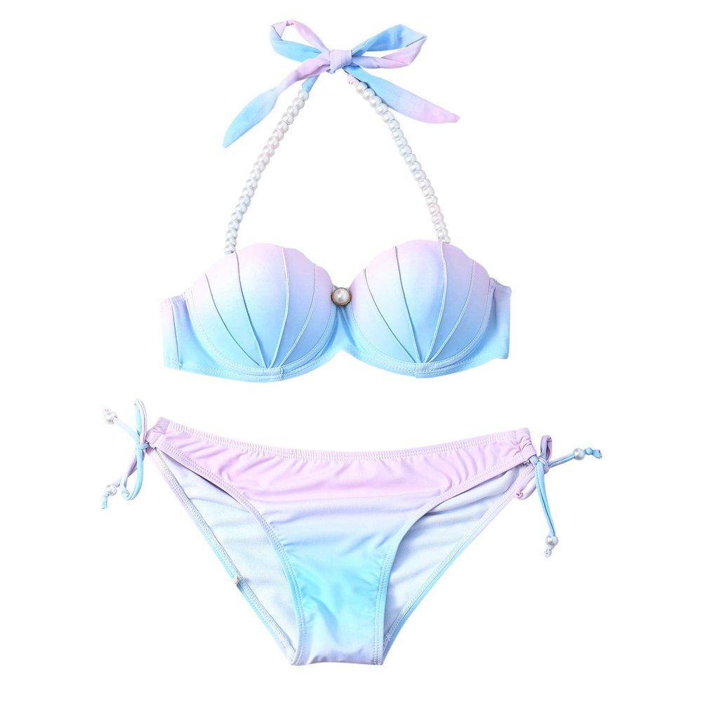 Fall Mermaid Bikini Swimsuit Women Push Up Light Support Mermaid Seashell Bra w Shorts Two Piece Bathing Suits
