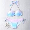 Fall Mermaid Bikini Swimsuit Women Push Up Light Support Mermaid Seashell Bra w Shorts Two Piece Bathing Suits view 3