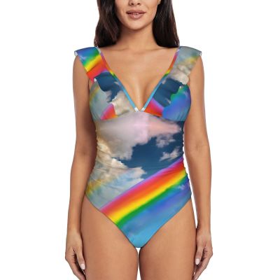 Drtgeds Vibrant Rainbow Print Women's One Piece Swimsuits High Waisted Bathing Ruffled Flounce Suit