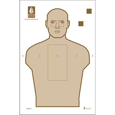 100 Pk, Jericho Defense Qualification Target 100Mm X 280Mm Chest Scoring Rectangle, 100Mm X 50Mm Head Scoring Rectangle, Scoring Numbers and Two Hold Over Practice Squares Size 23" X 35" Brown