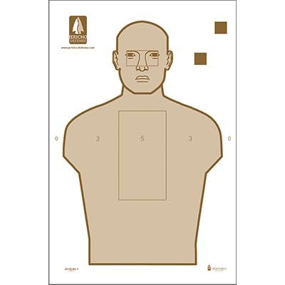 100 Pk, Jericho Defense Qualification Target 100Mm X 280Mm Chest Scoring Rectangle, 100Mm X 50Mm Head Scoring Rectangle, Scoring Numbers and Two Hold Over Practice Squares Size 23" X 35" Brown