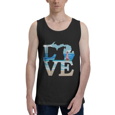 Love Michigan State Map Tank Top Shirts Cotton Tops Active Crewneck Sleeveless T-Shirts for Mens Black