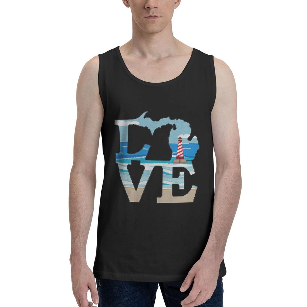 Love Michigan State Map Tank Top Shirts Cotton Tops Active Crewneck Sleeveless T-Shirts for Mens Black