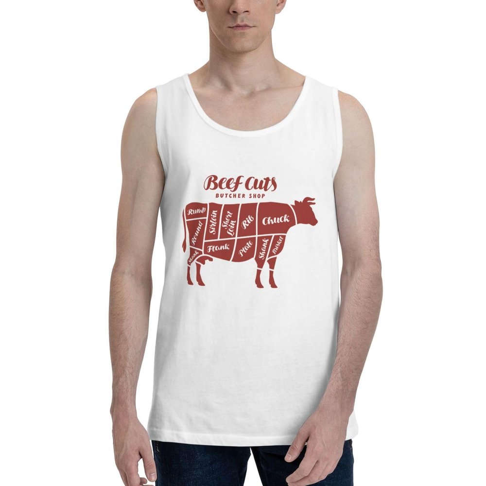 Beef Cuts Animal Silhouette Cow Tank Top Shirts Workout T Active Crewneck Sleeveless T-Shirts for Mens White
