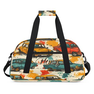 Customized Travel Duffle Bag Kids Gym Bag with Name Small Sport Tote Bag As Gifts for Boys and Girls Yellow Car
