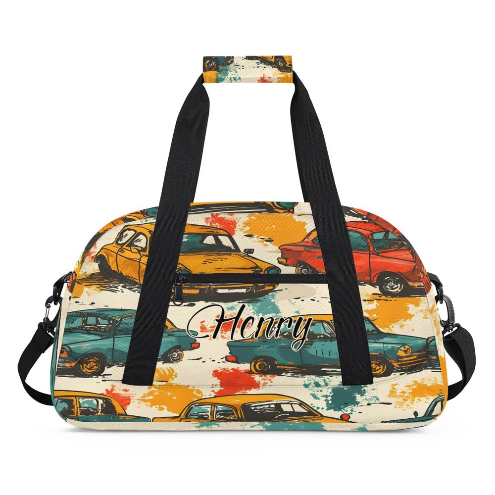Customized Travel Duffle Bag Kids Gym Bag with Name Small Sport Tote Bag As Gifts for Boys and Girls Yellow Car