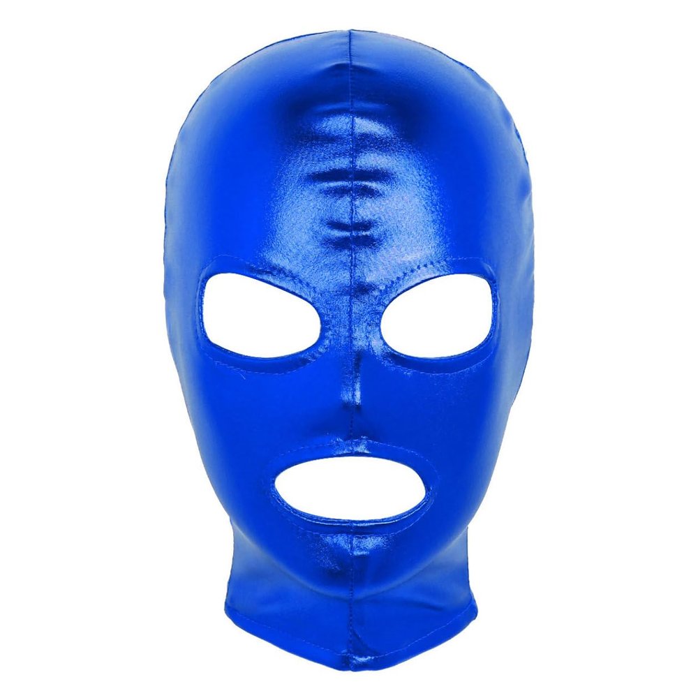 Huimingda Unisex Men Women Open Eyes Mouth Full Face Mask Hood Hat Latex Shiny Metallic Face Mask Cosplay Costume Blue One Size