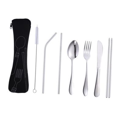 SHOWERORO 7pc Stainless Steel Tableware Set for Picnic Portable Silverware with Holder for Outdoor