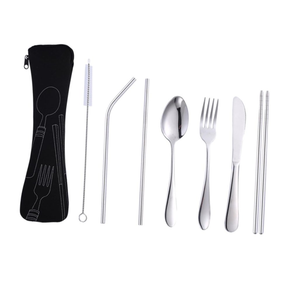 SHOWERORO 7pc Stainless Steel Tableware Set for Picnic Portable Silverware with Holder for Outdoor