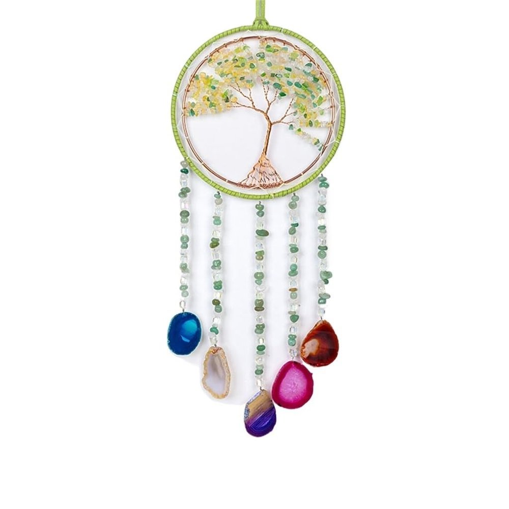 FANCUF Natural Crystal Crushed Stone Life Tree Dream Catching Net Pendant Wind Chime Pendant