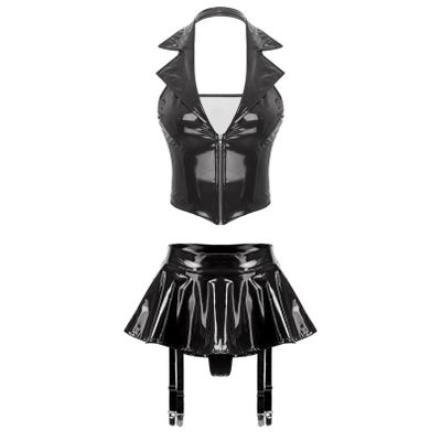 Agoky Women's Faux Leather Rave Sets Outfits Deep V Neck Crop Top with Garter Skirts for Party Dance Black 4X-Large