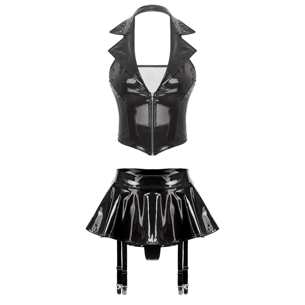 Agoky Women's Faux Leather Rave Sets Outfits Deep V Neck Crop Top with Garter Skirts for Party Dance Black 4X-Large