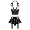 Agoky Women's Faux Leather Rave Sets Outfits Deep V Neck Crop Top with Garter Skirts for Party Dance Black 4X-Large view 2