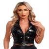 Agoky Women's Faux Leather Rave Sets Outfits Deep V Neck Crop Top with Garter Skirts for Party Dance Black 4X-Large view 3