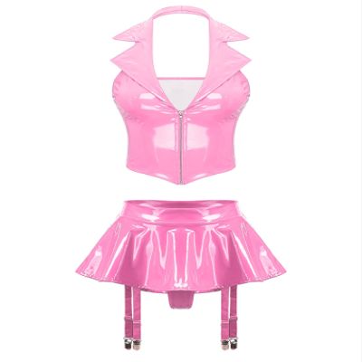 Agoky Women's Faux Leather Rave Sets Outfits Deep V Neck Crop Top with Garter Skirts for Party Dance Pink XX-Large