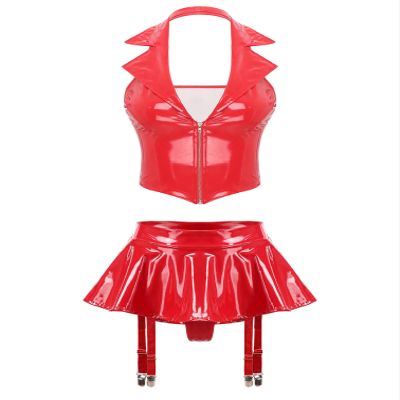 Agoky Women's Faux Leather Rave Sets Outfits Deep V Neck Crop Top with Garter Skirts for Party Dance Red Large