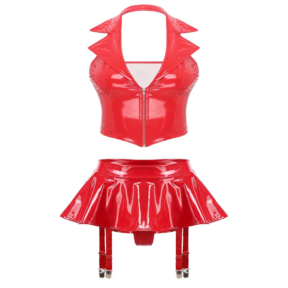 Agoky Women's Faux Leather Rave Sets Outfits Deep V Neck Crop Top with Garter Skirts for Party Dance Red Large