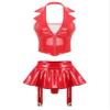 Agoky Women's Faux Leather Rave Sets Outfits Deep V Neck Crop Top with Garter Skirts for Party Dance Red Large view 1