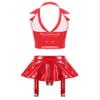 Agoky Women's Faux Leather Rave Sets Outfits Deep V Neck Crop Top with Garter Skirts for Party Dance Red Large view 2