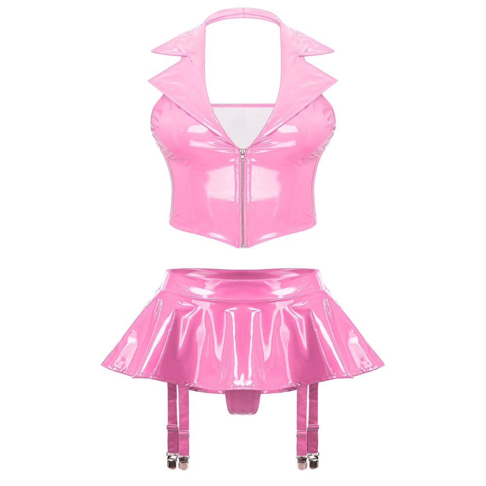 Agoky Women's Faux Leather Rave Sets Outfits Deep V Neck Crop Top with Garter Skirts for Party Dance Pink 3X-Large