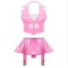 Agoky Women's Faux Leather Rave Sets Outfits Deep V Neck Crop Top with Garter Skirts for Party Dance Pink 3X-Large view 1