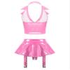Agoky Women's Faux Leather Rave Sets Outfits Deep V Neck Crop Top with Garter Skirts for Party Dance Pink 3X-Large view 2