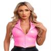 Agoky Women's Faux Leather Rave Sets Outfits Deep V Neck Crop Top with Garter Skirts for Party Dance Pink 3X-Large view 3