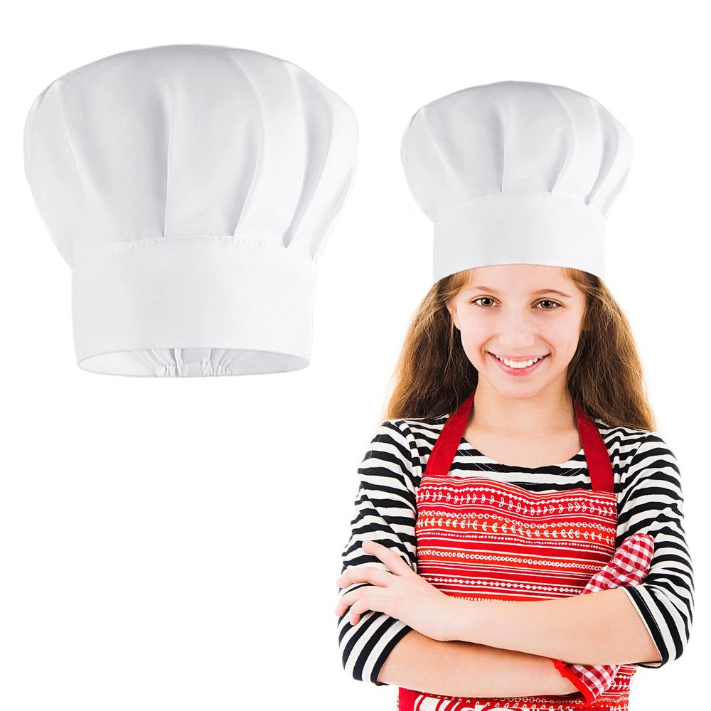 KALIONE Chef Hat for Kids Adjustable White Chef Hats Elastic Cotton Cooking Cap Kitchen Chef Caps for Cooking Baking Party School Home