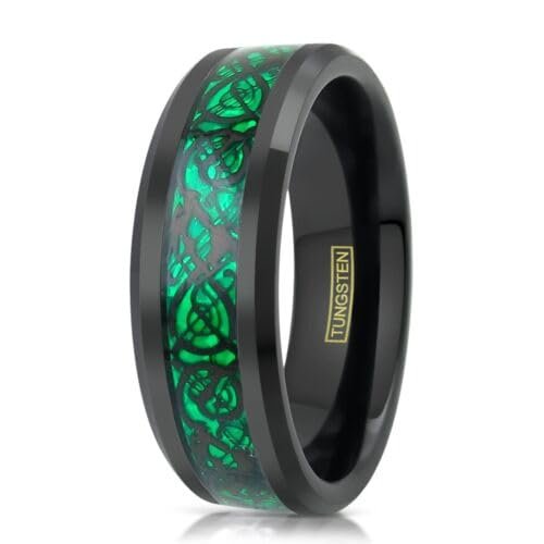 8mm Black Tungsten Men's Ring Green Carbon Fiber Celtic Dragon Wedding Band TW 8mm Size 12 Fast Free Supply