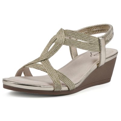 CLIFFS BY WHITE MOUNTAIN Women's Candelle Strappy Wedge Sandal, Gold/Met/Fabric, 6.5 M