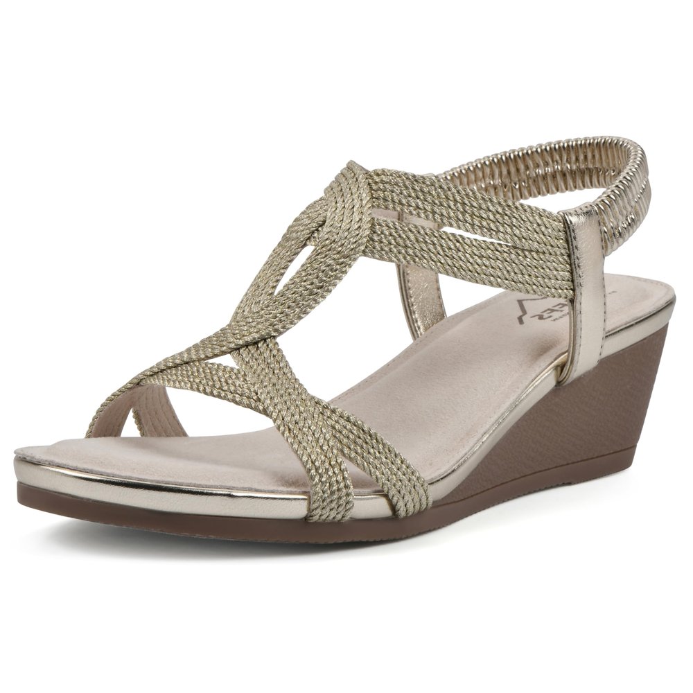 CLIFFS BY WHITE MOUNTAIN Women's Candelle Strappy Wedge Sandal, Gold/Met/Fabric, 6.5 M