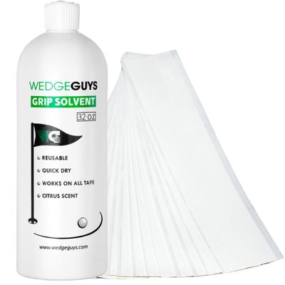 Wedge Guys 32 Ounce Golf Grip Solvent + 50 Tape Strips - Solvent Activated 2" x 10" Double Sided Adhesive Grip Tape Strips for Regripping Golf Clubs