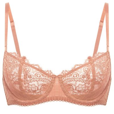 DOBREVA Women's Sexy Lace Push Up Plus Size Bra Sheer Balconette Underwire Unlined Cream Coffee 36E