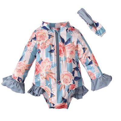 NineFit Basics Girls Long Sleeve Ruffle Swimsuits Rash Guard Bathing Suit with Hairband for Toddler Kids Swimwear (BU1, 4-5 Years)