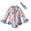 NineFit Basics Girls Long Sleeve Ruffle Swimsuits Rash Guard Bathing Suit with Hairband for Toddler Kids Swimwear (BU1, 4-5 Years) view 1