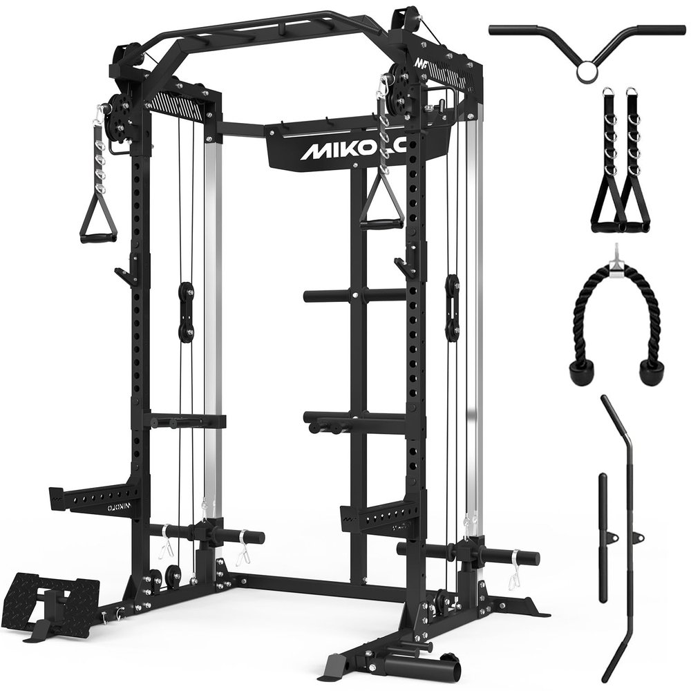 Mikolo Power Cage, 2000LB Power Rack with Independent Dual Pulley System, Multi-Function Home Gym Workout Machine for Cable Crossover (Black)