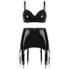 QinCiao Women's Wetloook Leather Clubwear Outfits Garter Bodycon Bra Crop Tops with Belt Skirts Black Small view 1