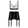 QinCiao Women's Wetloook Leather Clubwear Outfits Garter Bodycon Bra Crop Tops with Belt Skirts Black Small view 2