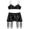 QinCiao Women's Wetloook Leather Clubwear Outfits Garter Bodycon Bra Crop Tops with Belt Skirts Black Small view 3